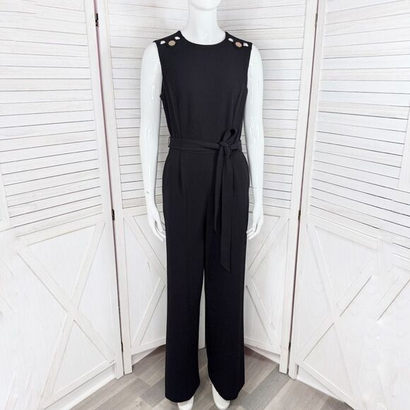 Calvin Klein Gold Button Tab Shoulders Belted Wide Leg Jumpsuit Black 6 - Picture 1 of 14